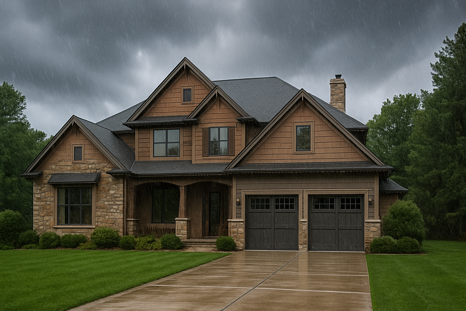 Two-story upscale Craftsman-style home in Bartlett, TN during a summer rainstorm, showcasing stone and wood siding with well-maintained gutters and a green lawn